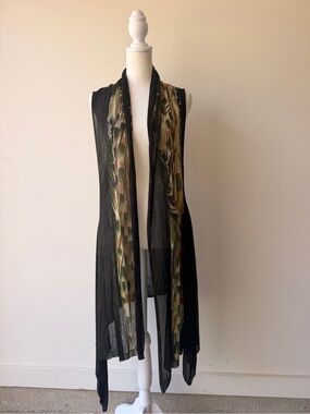 Adore Black Sleeveless Duster with Olive Feather Print